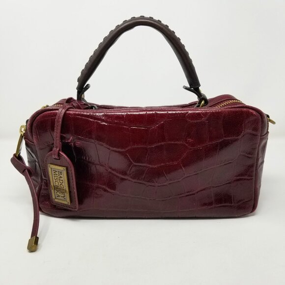 Badgley Mischka Dark Burgundy Red Faux Croc Embossed Leather & Brown Handbag - Picture 1 of 16